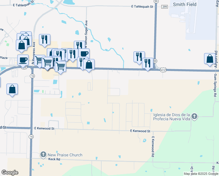 map of restaurants, bars, coffee shops, grocery stores, and more near 3894 Thomas Street in Siloam Springs
