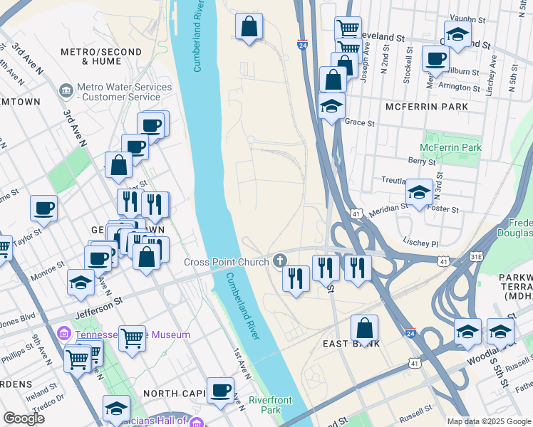 map of restaurants, bars, coffee shops, grocery stores, and more near 2135 Waterside Drive in Nashville