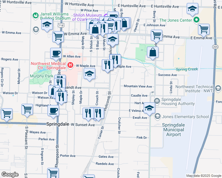 map of restaurants, bars, coffee shops, grocery stores, and more near 621 Holcomb Street in Springdale