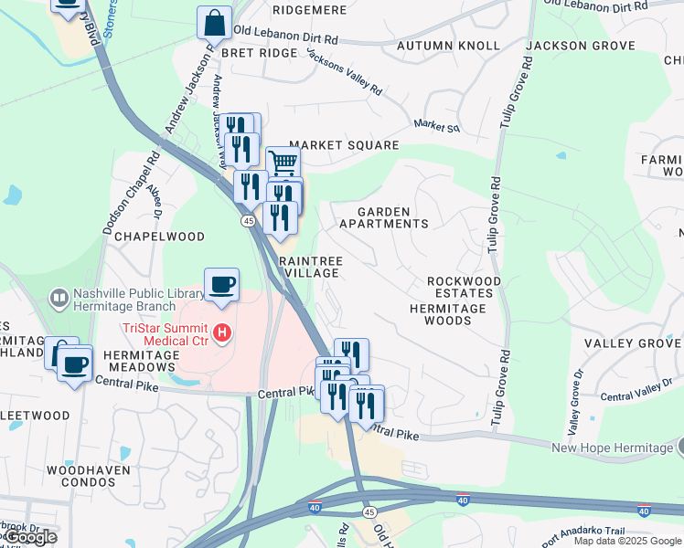 map of restaurants, bars, coffee shops, grocery stores, and more near 421 Raintree Drive in Nashville