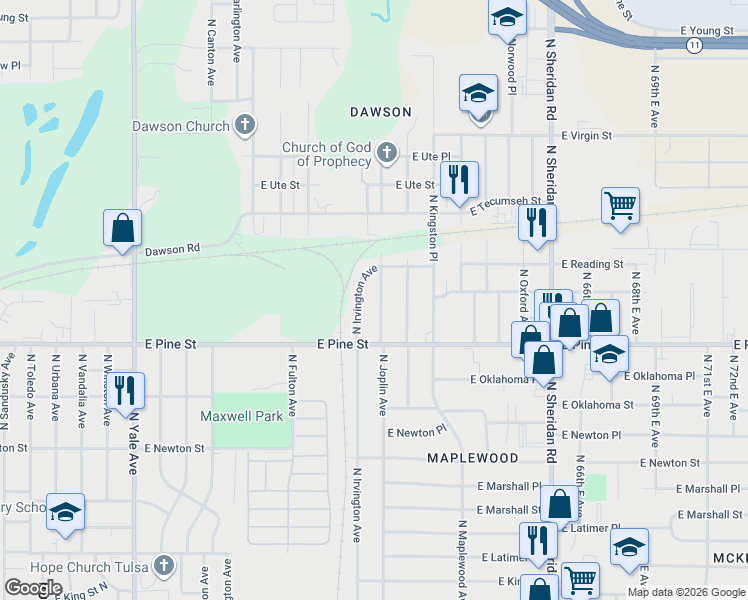 map of restaurants, bars, coffee shops, grocery stores, and more near 1535 North Joplin Avenue in Tulsa