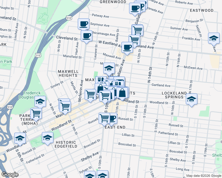 map of restaurants, bars, coffee shops, grocery stores, and more near 1234 Main Street in Nashville