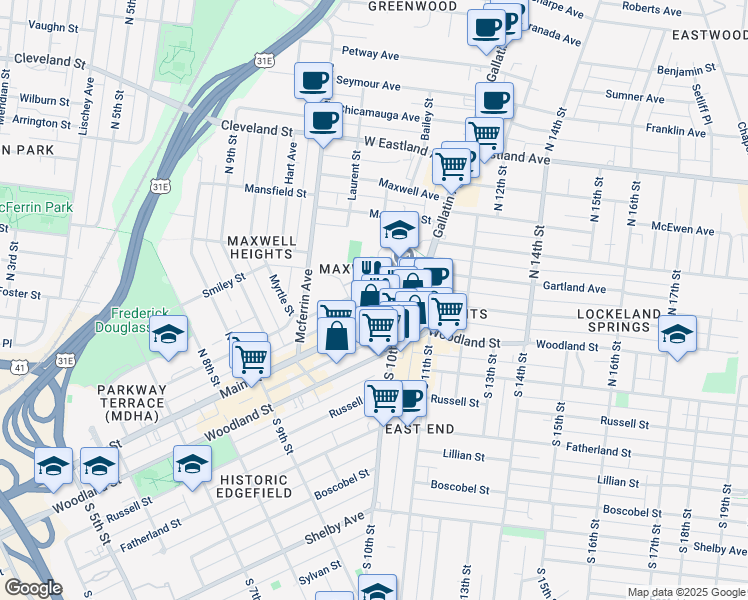 map of restaurants, bars, coffee shops, grocery stores, and more near 10 North 10th Street in Nashville