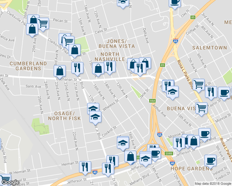 map of restaurants, bars, coffee shops, grocery stores, and more near 1712 14th Avenue in Nashville