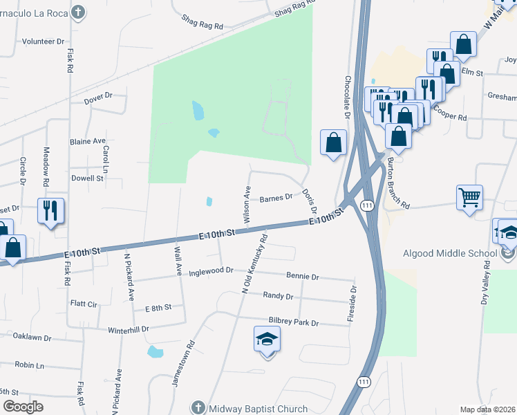 map of restaurants, bars, coffee shops, grocery stores, and more near 1469 Barnes Drive in Cookeville