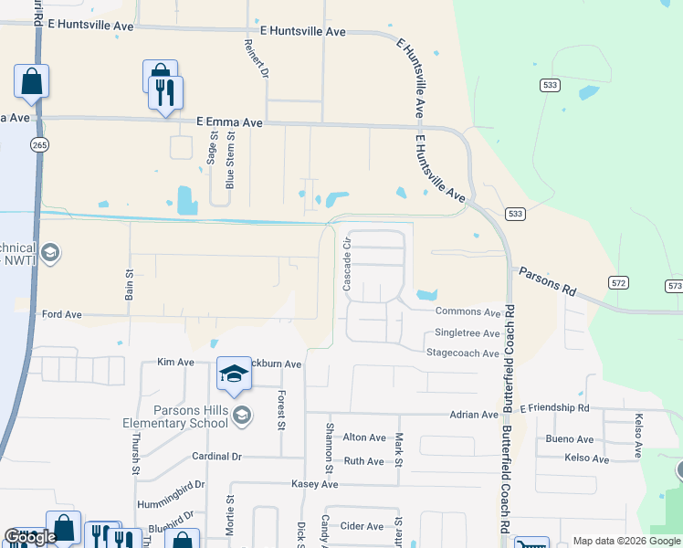 map of restaurants, bars, coffee shops, grocery stores, and more near 381 Cascade Circle in Springdale