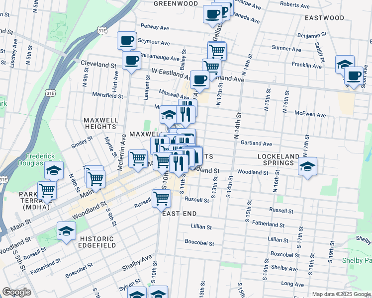 map of restaurants, bars, coffee shops, grocery stores, and more near in Nashville