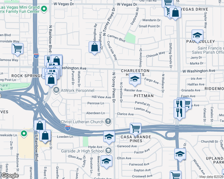 map of restaurants, bars, coffee shops, grocery stores, and more near 417 North Torrey Pines Drive in Las Vegas