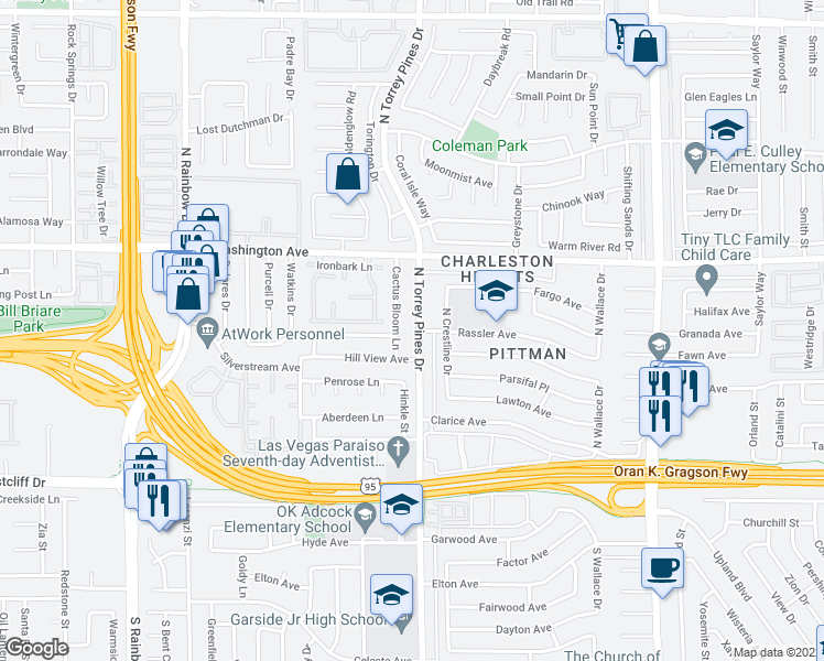 map of restaurants, bars, coffee shops, grocery stores, and more near 417 North Torrey Pines Drive in Las Vegas