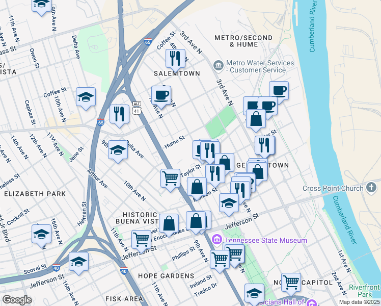 map of restaurants, bars, coffee shops, grocery stores, and more near 601 Press Place in Nashville