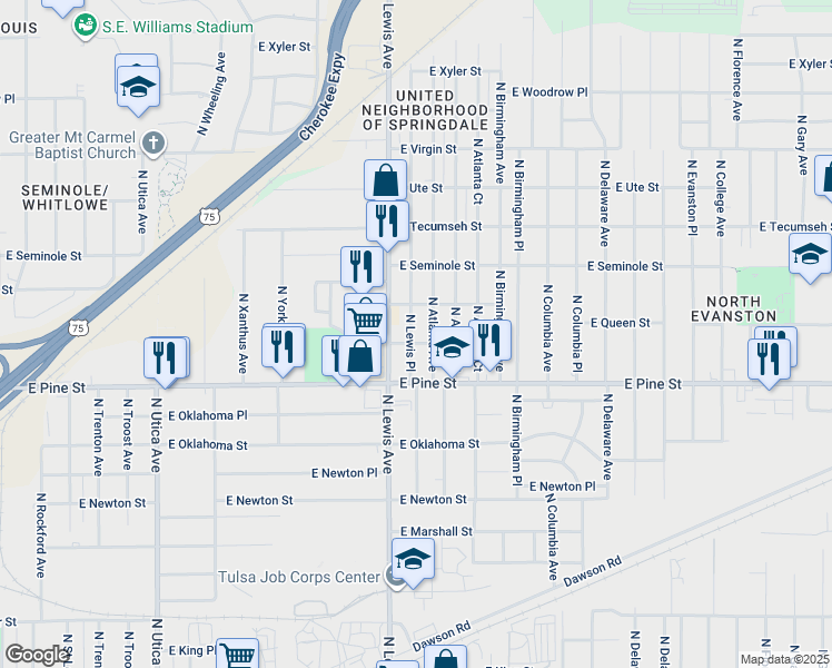 map of restaurants, bars, coffee shops, grocery stores, and more near 1607 North Lewis Place in Tulsa
