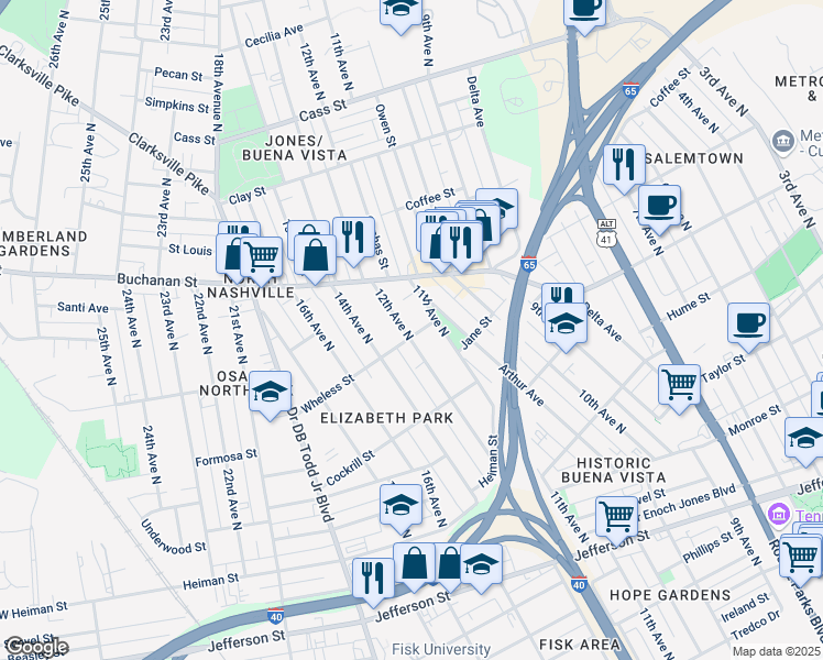 map of restaurants, bars, coffee shops, grocery stores, and more near 1114 Wheless Street in Nashville