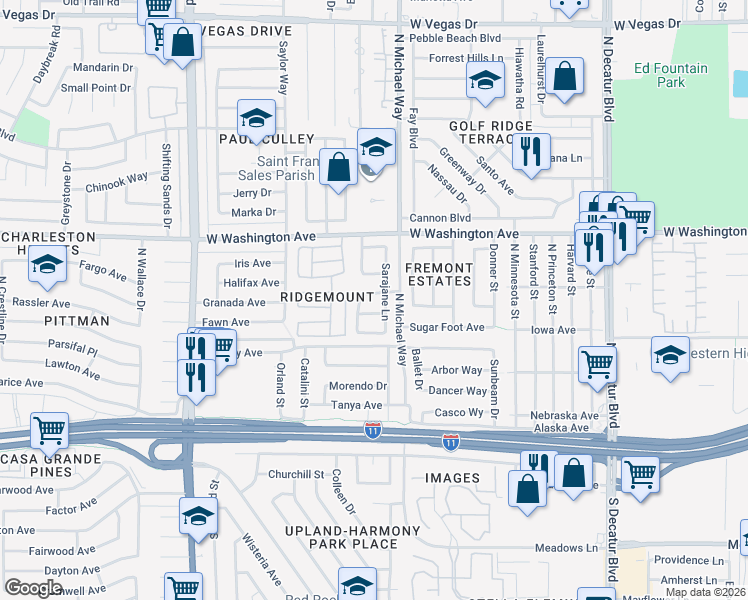 map of restaurants, bars, coffee shops, grocery stores, and more near 5424 Frank Fenlon Avenue in Las Vegas