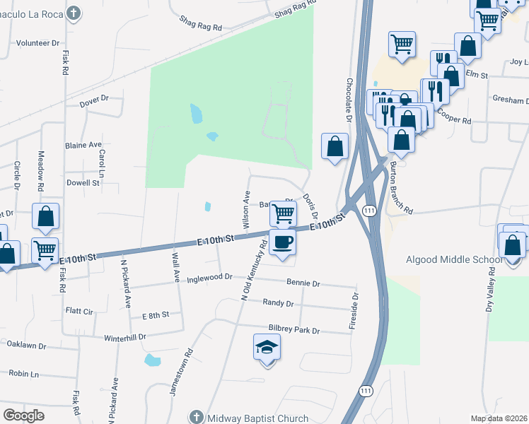 map of restaurants, bars, coffee shops, grocery stores, and more near 1469 Barnes Drive in Cookeville