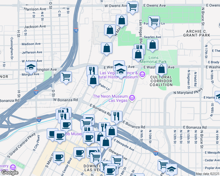 map of restaurants, bars, coffee shops, grocery stores, and more near 135 Palm Lane in Las Vegas
