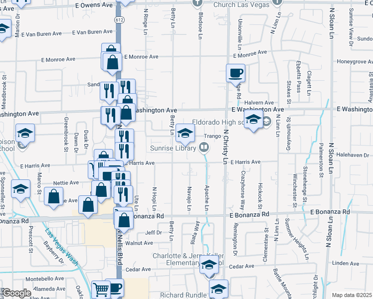 map of restaurants, bars, coffee shops, grocery stores, and more near 5350 East Harris Avenue in Las Vegas