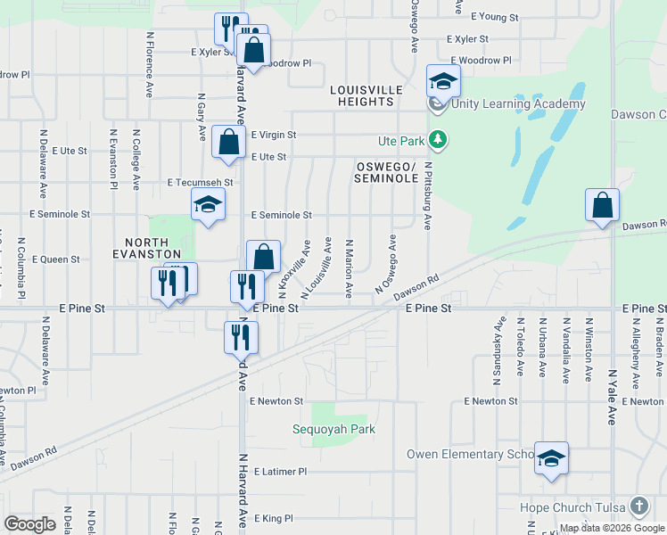 map of restaurants, bars, coffee shops, grocery stores, and more near 1534 North Marion Avenue in Tulsa