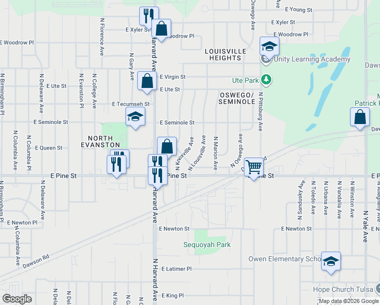 map of restaurants, bars, coffee shops, grocery stores, and more near 1543 North Knoxville Avenue in Tulsa
