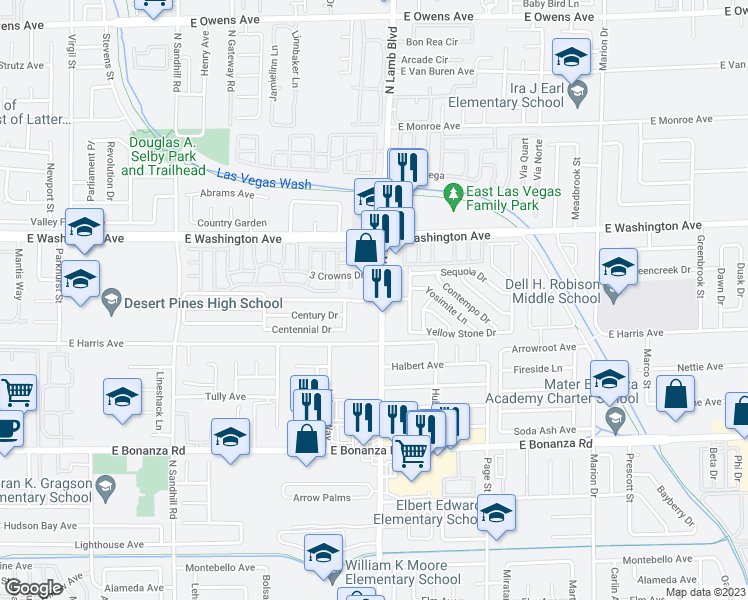 map of restaurants, bars, coffee shops, grocery stores, and more near 136 Sequoia Drive in Las Vegas