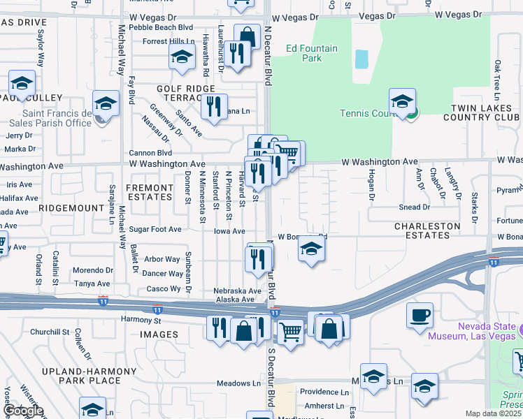 map of restaurants, bars, coffee shops, grocery stores, and more near 505 North Decatur Boulevard in Las Vegas