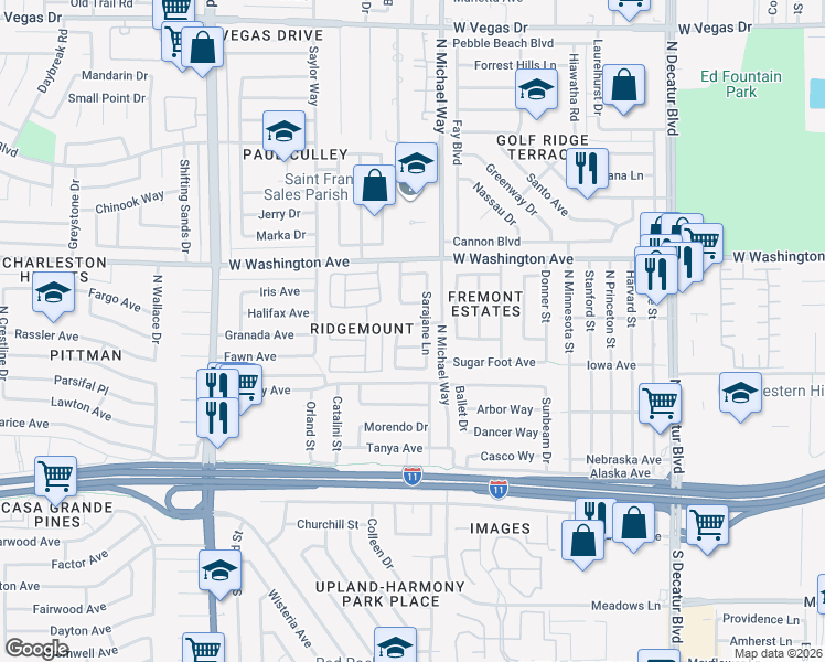 map of restaurants, bars, coffee shops, grocery stores, and more near 5424 Frank Fenlon Avenue in Las Vegas