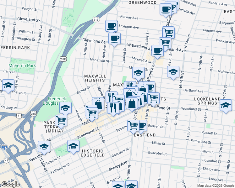 map of restaurants, bars, coffee shops, grocery stores, and more near 935 Silverdene Place in Nashville
