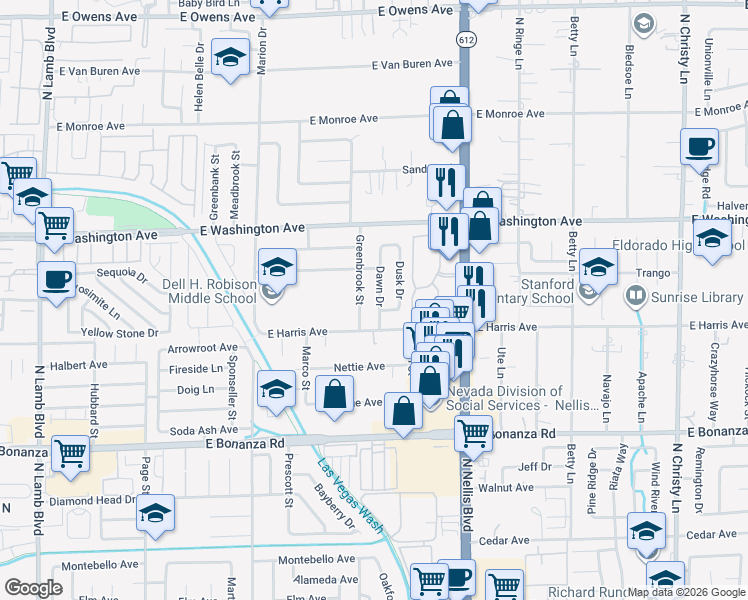 map of restaurants, bars, coffee shops, grocery stores, and more near 817 Greenbrook Street in Las Vegas