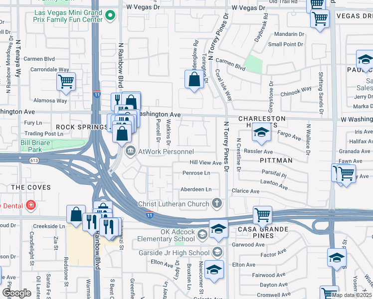 map of restaurants, bars, coffee shops, grocery stores, and more near 6525 Brushwood Lane in Las Vegas