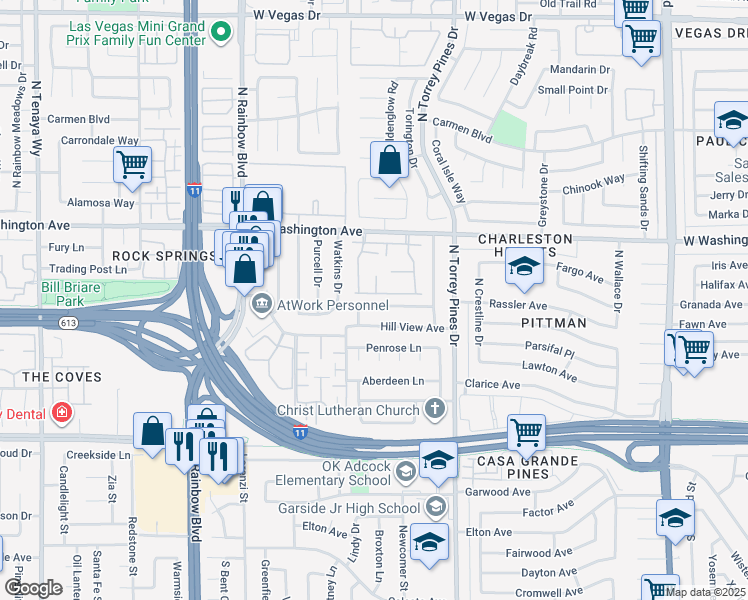 map of restaurants, bars, coffee shops, grocery stores, and more near 6525 Brushwood Lane in Las Vegas