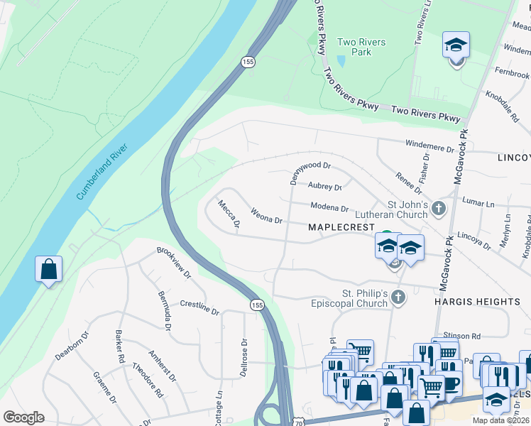map of restaurants, bars, coffee shops, grocery stores, and more near 2234 Weona Drive in Nashville