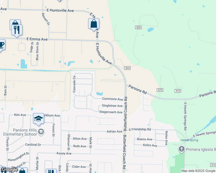 map of restaurants, bars, coffee shops, grocery stores, and more near 654 Butterfield Coach Road in Springdale