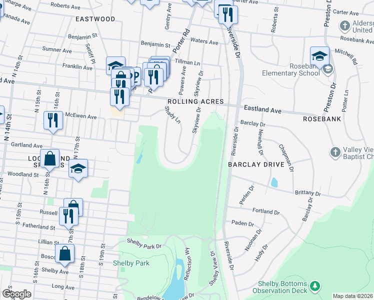 map of restaurants, bars, coffee shops, grocery stores, and more near 518 Skyview Drive in Nashville