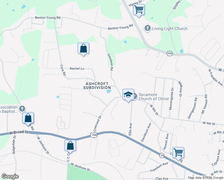 map of restaurants, bars, coffee shops, grocery stores, and more near 230 Cora Road in Cookeville