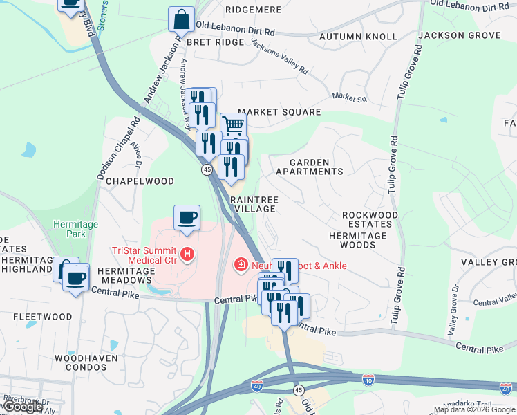 map of restaurants, bars, coffee shops, grocery stores, and more near 200 Raintree Drive in Nashville