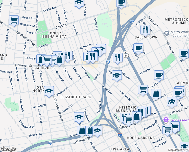 map of restaurants, bars, coffee shops, grocery stores, and more near 1702 Arthur Avenue in Nashville