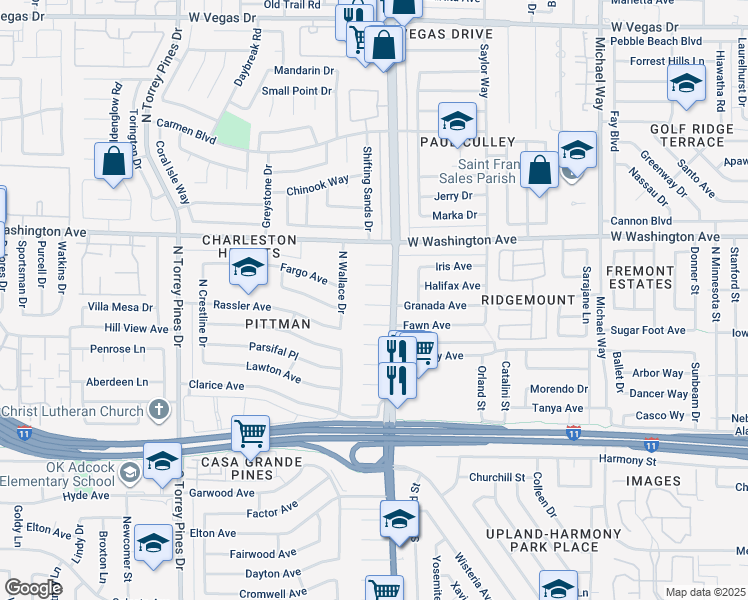 map of restaurants, bars, coffee shops, grocery stores, and more near 6112 Granada Circle in Las Vegas
