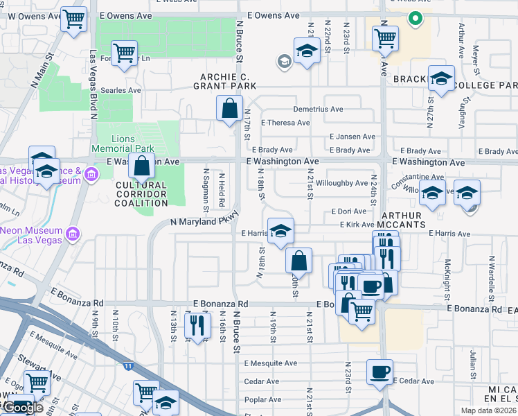 map of restaurants, bars, coffee shops, grocery stores, and more near 816 North 18th Street in Las Vegas