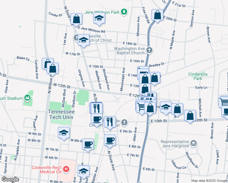 map of restaurants, bars, coffee shops, grocery stores, and more near 250 East 12th Street in Cookeville