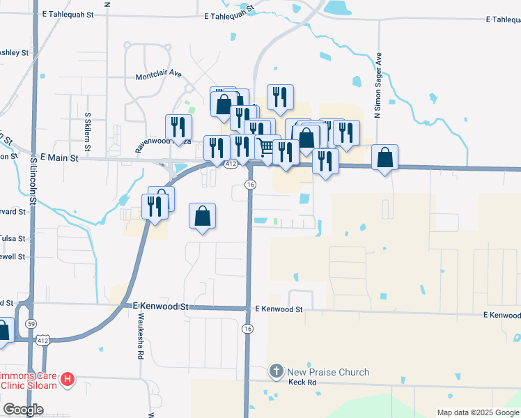 map of restaurants, bars, coffee shops, grocery stores, and more near 2790 Meridian Place in Siloam Springs