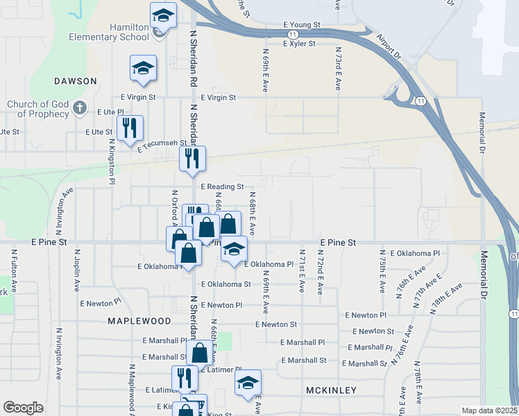 map of restaurants, bars, coffee shops, grocery stores, and more near 1536 North 68th East Avenue in Tulsa