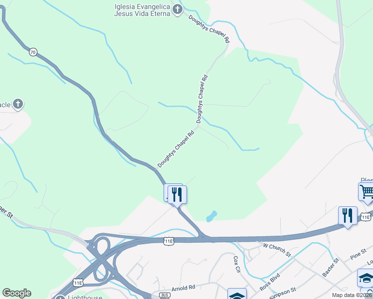 map of restaurants, bars, coffee shops, grocery stores, and more near 180 Doughtys Chapel Road in Greeneville