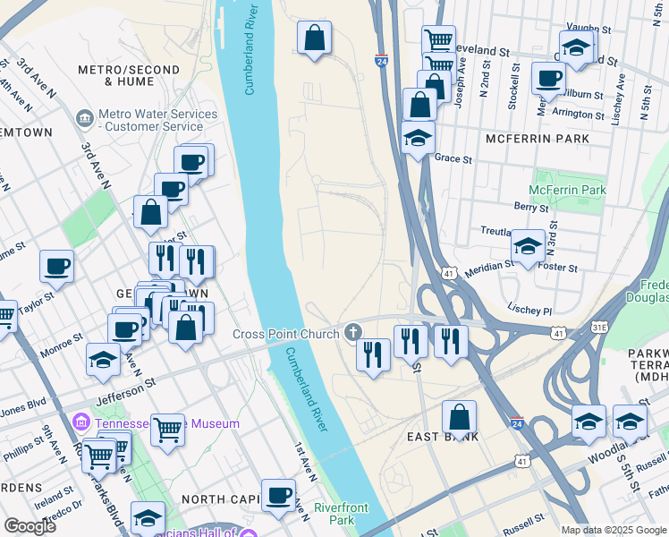 map of restaurants, bars, coffee shops, grocery stores, and more near 2135 Waterside Drive in Nashville