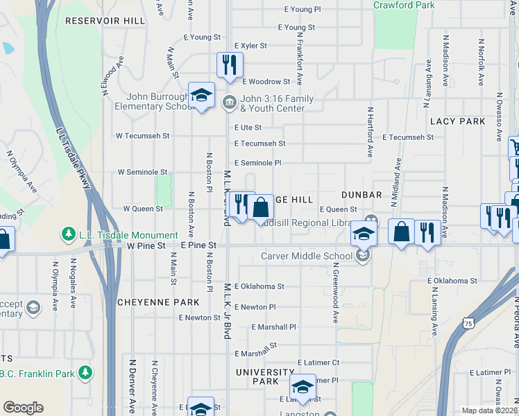 map of restaurants, bars, coffee shops, grocery stores, and more near 1548 North Elgin Avenue in Tulsa