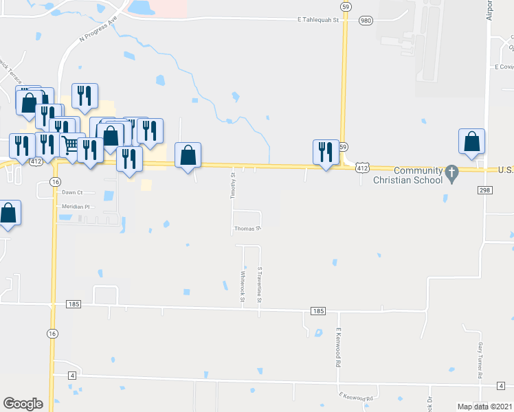 map of restaurants, bars, coffee shops, grocery stores, and more near 3903 Thomas Street in Siloam Springs