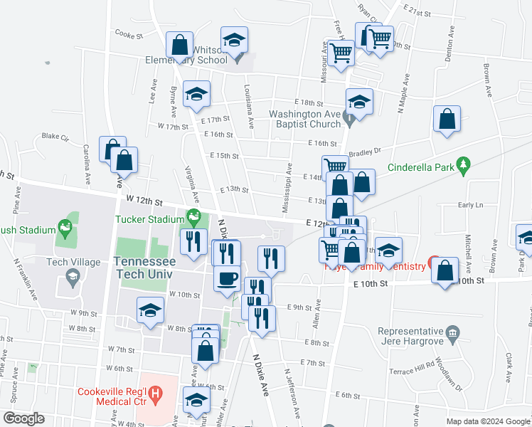 map of restaurants, bars, coffee shops, grocery stores, and more near 250 East 12th Street in Cookeville