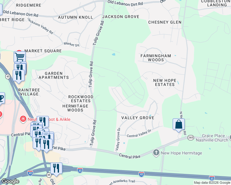 map of restaurants, bars, coffee shops, grocery stores, and more near 7424 Blue Gable Road in Nashville