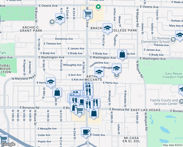 map of restaurants, bars, coffee shops, grocery stores, and more near 820 North Eastern Avenue in Las Vegas