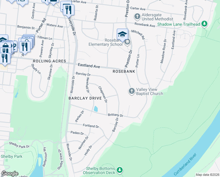 map of restaurants, bars, coffee shops, grocery stores, and more near 2419 Chapman Drive in Nashville