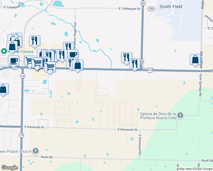 map of restaurants, bars, coffee shops, grocery stores, and more near 3909 Thomas Street in Siloam Springs