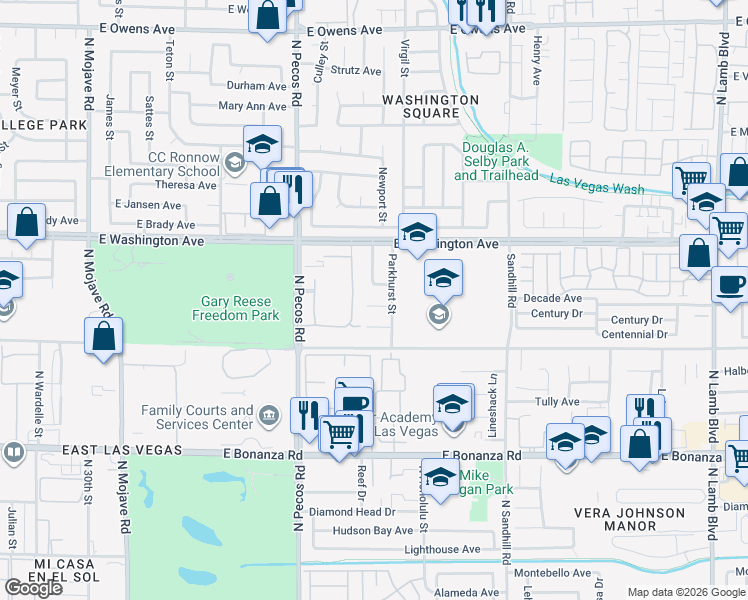 map of restaurants, bars, coffee shops, grocery stores, and more near 3620 Park Oliver Drive in Las Vegas